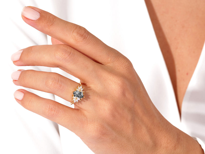 Long Hexagon Black Rutilated Quartz Engagement Ring with Moissanite Sidestones