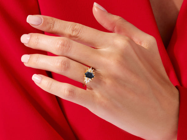 Long Hexagon Blue Sandstone Engagement Ring with Moissanite Sidestones