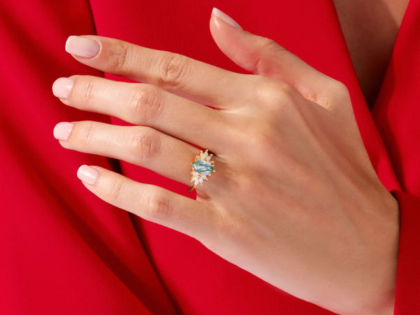 Long Hexagon Moss Agate Engagement Ring with Moissanite Sidestones