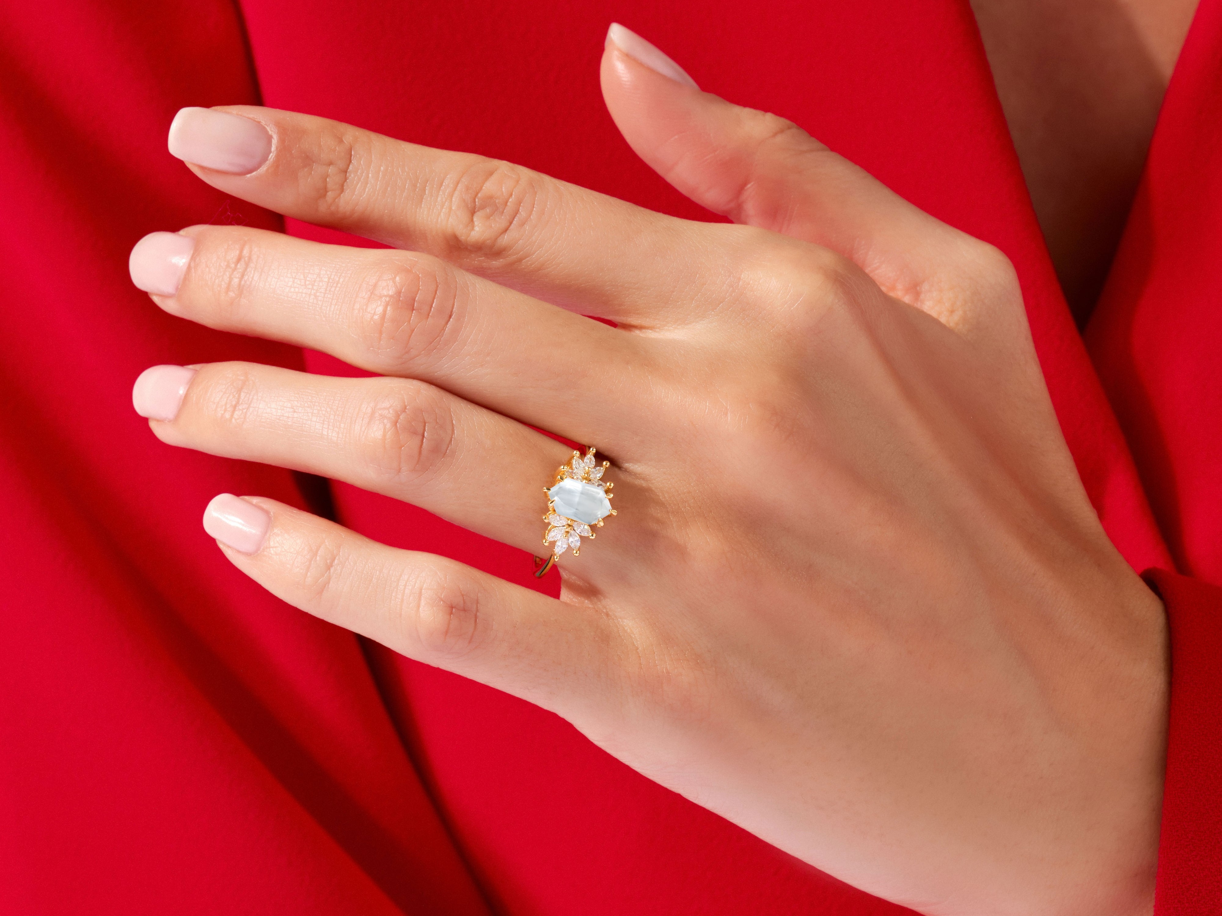 Long Hexagon Moonstone Engagement Ring with Moissanite Sidestones