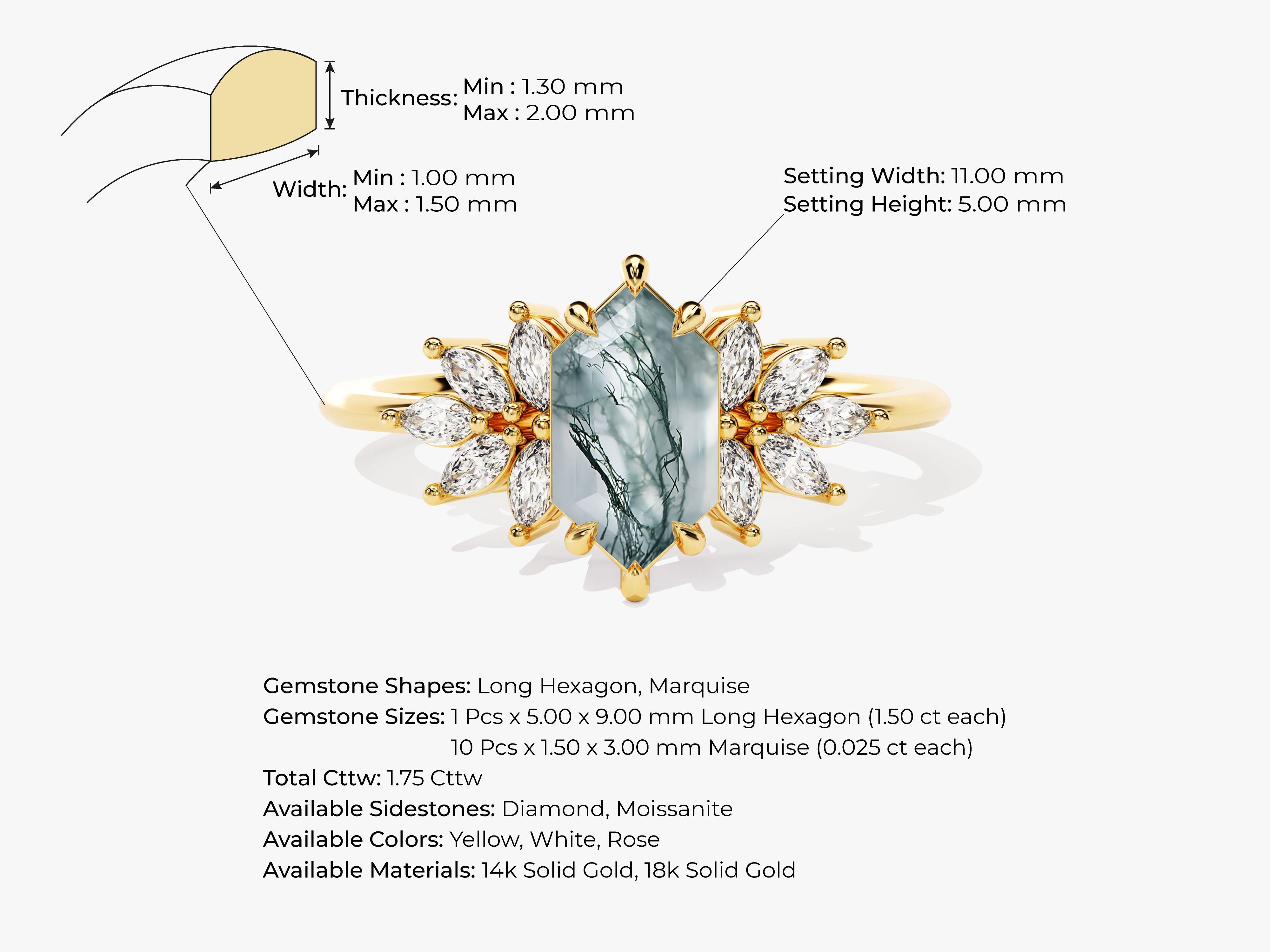 Long Hexagon Moss Agate Engagement Ring with Moissanite Sidestones