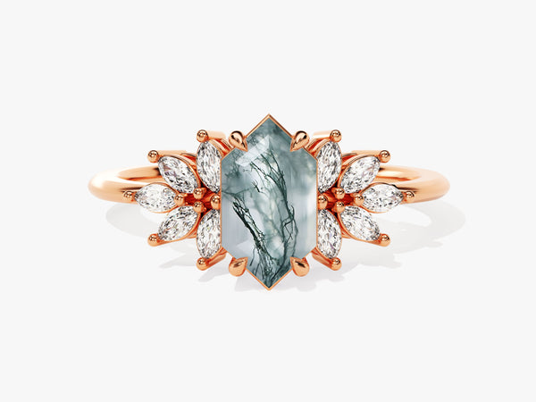Long Hexagon Moss Agate Engagement Ring with Moissanite Sidestones