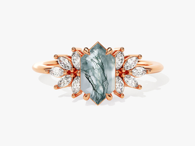 Long Hexagon Moss Agate Engagement Ring with Moissanite Sidestones