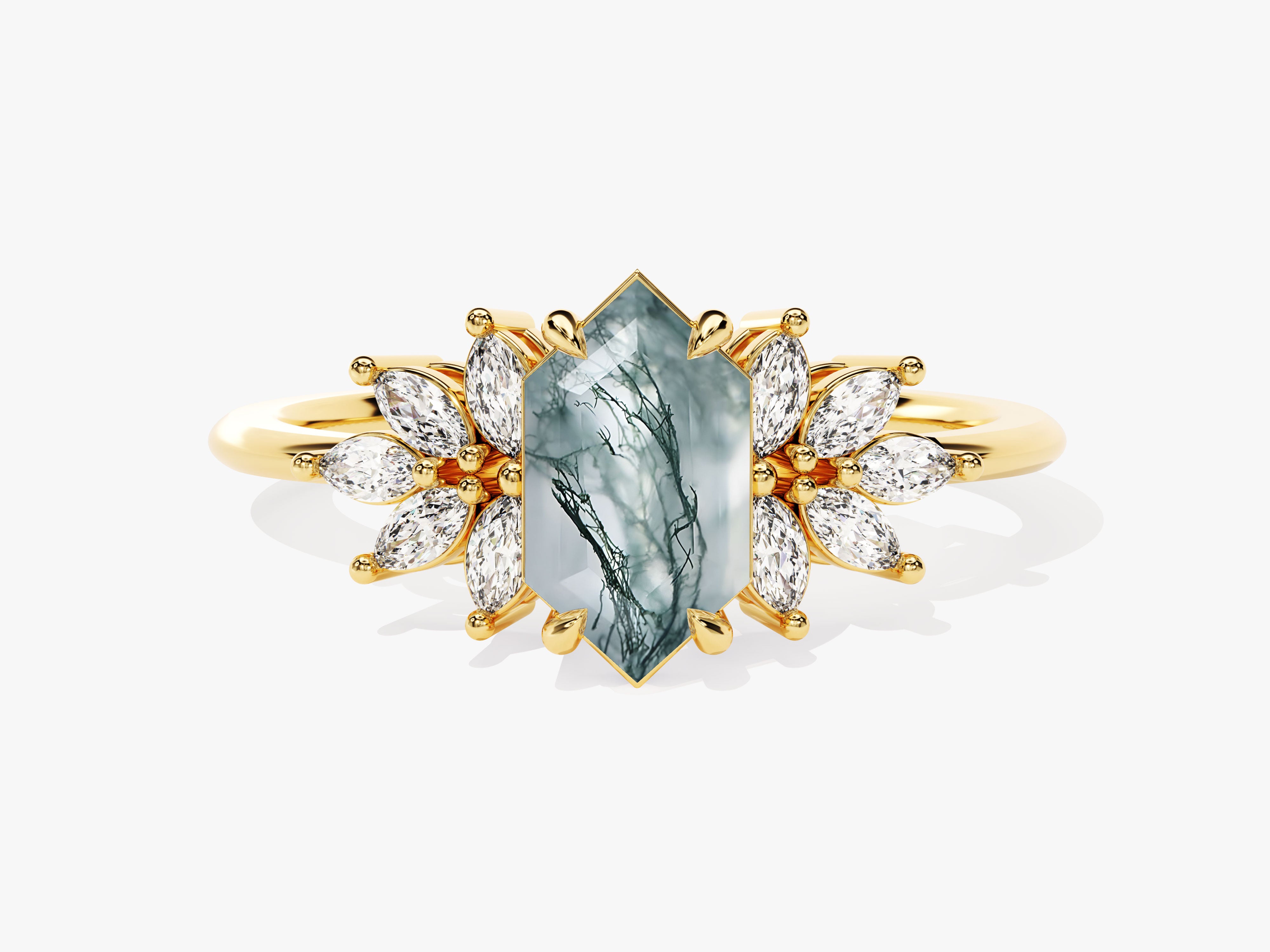 Gold ring with moss agate and marquise diamonds