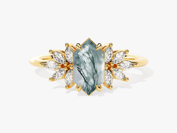Long Hexagon Moss Agate Engagement Ring with Moissanite Sidestones