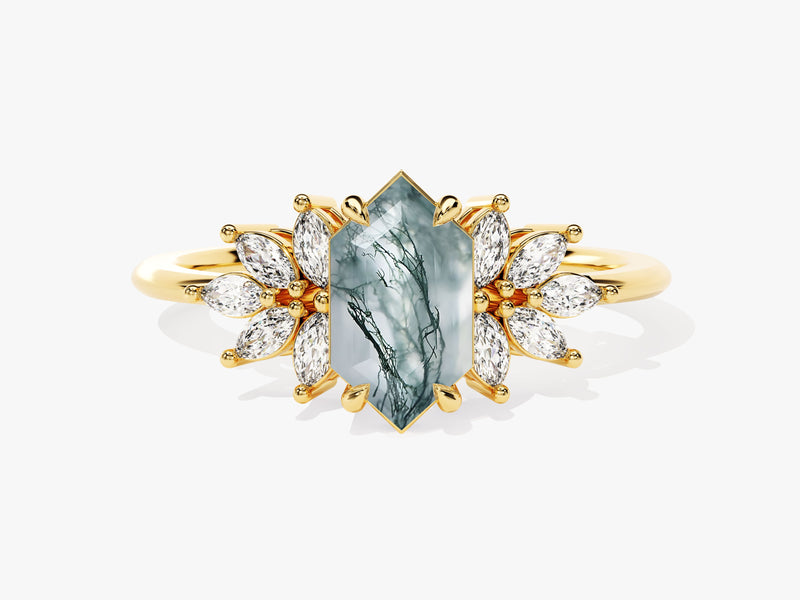 Long Hexagon Moss Agate Engagement Ring with Moissanite Sidestones