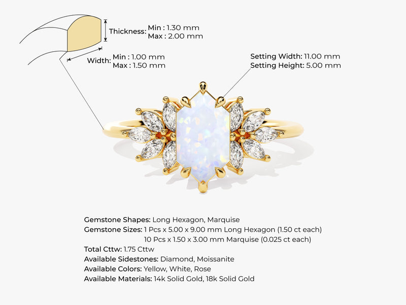 Long Hexagon Opal Engagement Ring with Moissanite Sidestones