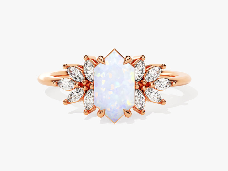 Long Hexagon Opal Engagement Ring with Moissanite Sidestones