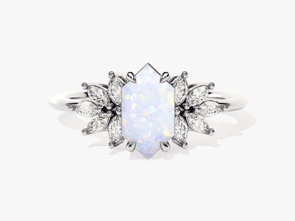 Long Hexagon Opal Engagement Ring with Moissanite Sidestones