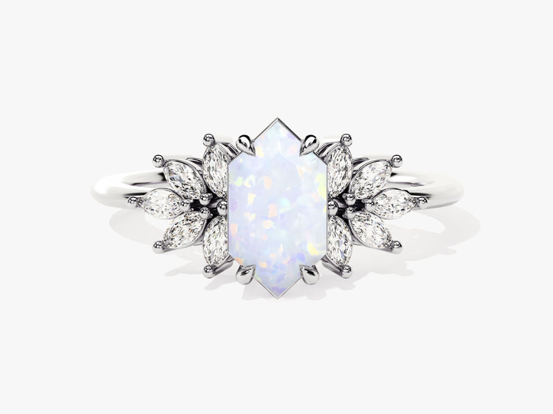 Long Hexagon Opal Engagement Ring with Moissanite Sidestones