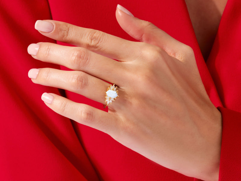 Long Hexagon Opal Engagement Ring with Moissanite Sidestones