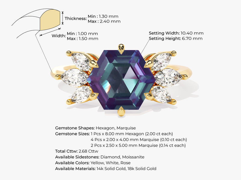Hexagon Lab Alexandrite Engagement Ring with Moissanite Sidestones
