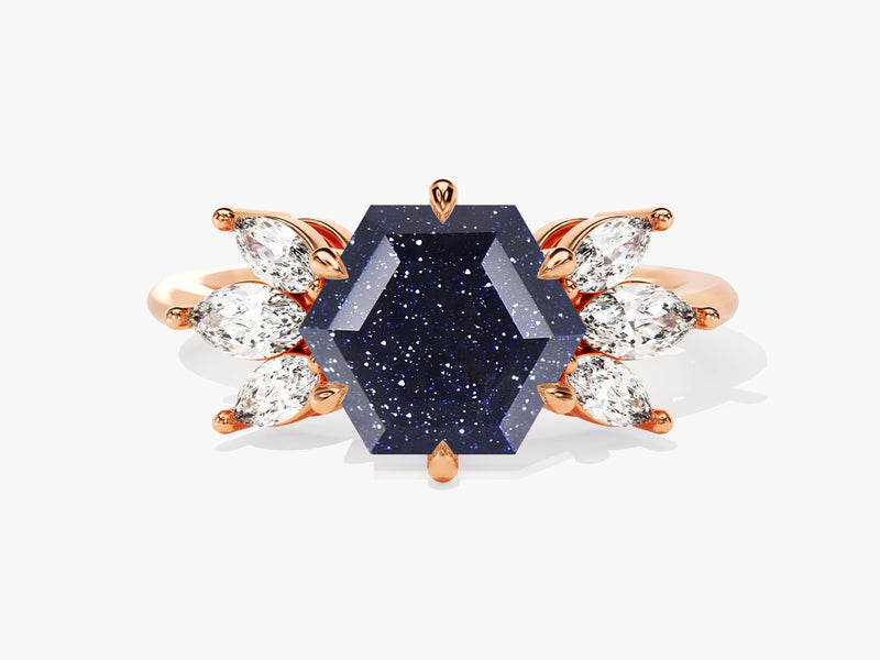 Hexagon Blue Sandstone Engagement Ring with Moissanite Sidestones