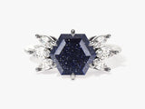 Hexagon Blue Sandstone Engagement Ring with Moissanite Sidestones