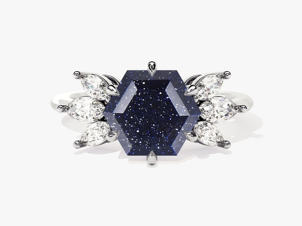 Hexagon Blue Sandstone Engagement Ring with Moissanite Sidestones