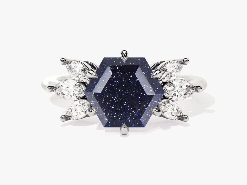 Hexagon Blue Sandstone Engagement Ring with Moissanite Sidestones