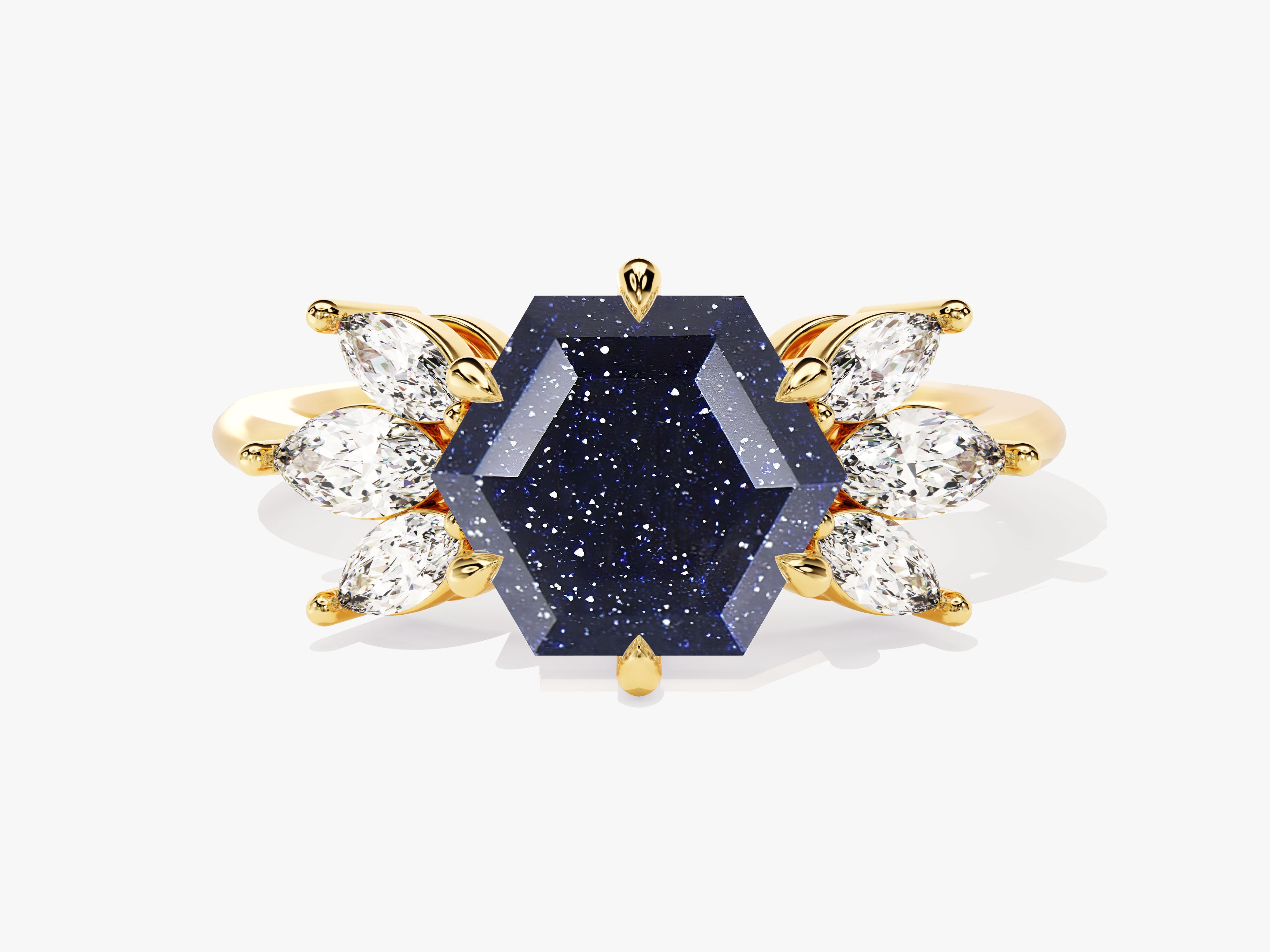 Gold ring with hexagonal blue stone and diamond accents