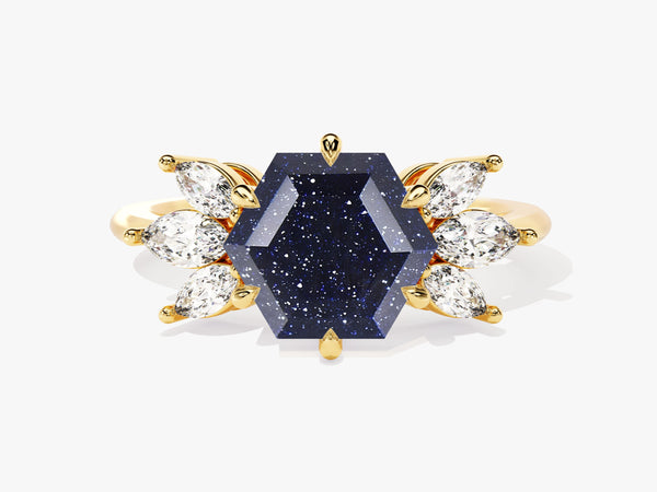 Hexagon Blue Sandstone Engagement Ring with Moissanite Sidestones