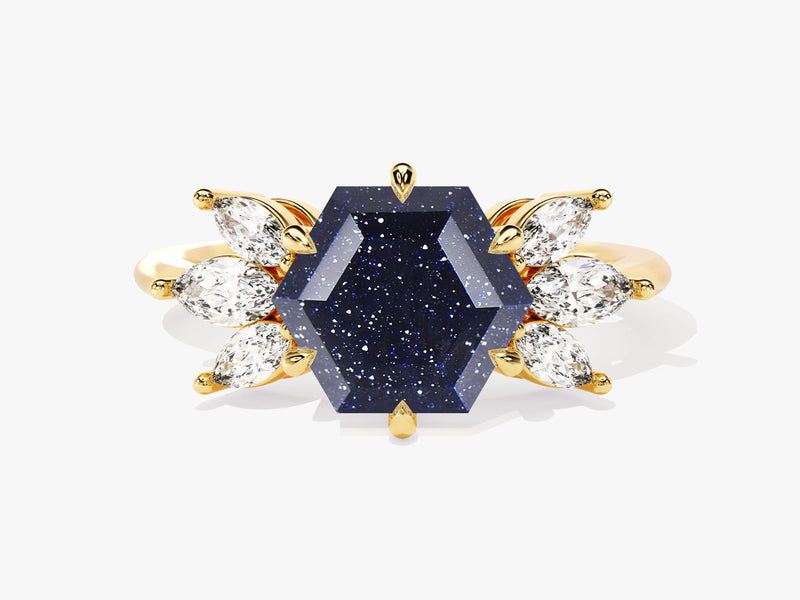 Hexagon Blue Sandstone Engagement Ring with Moissanite Sidestones
