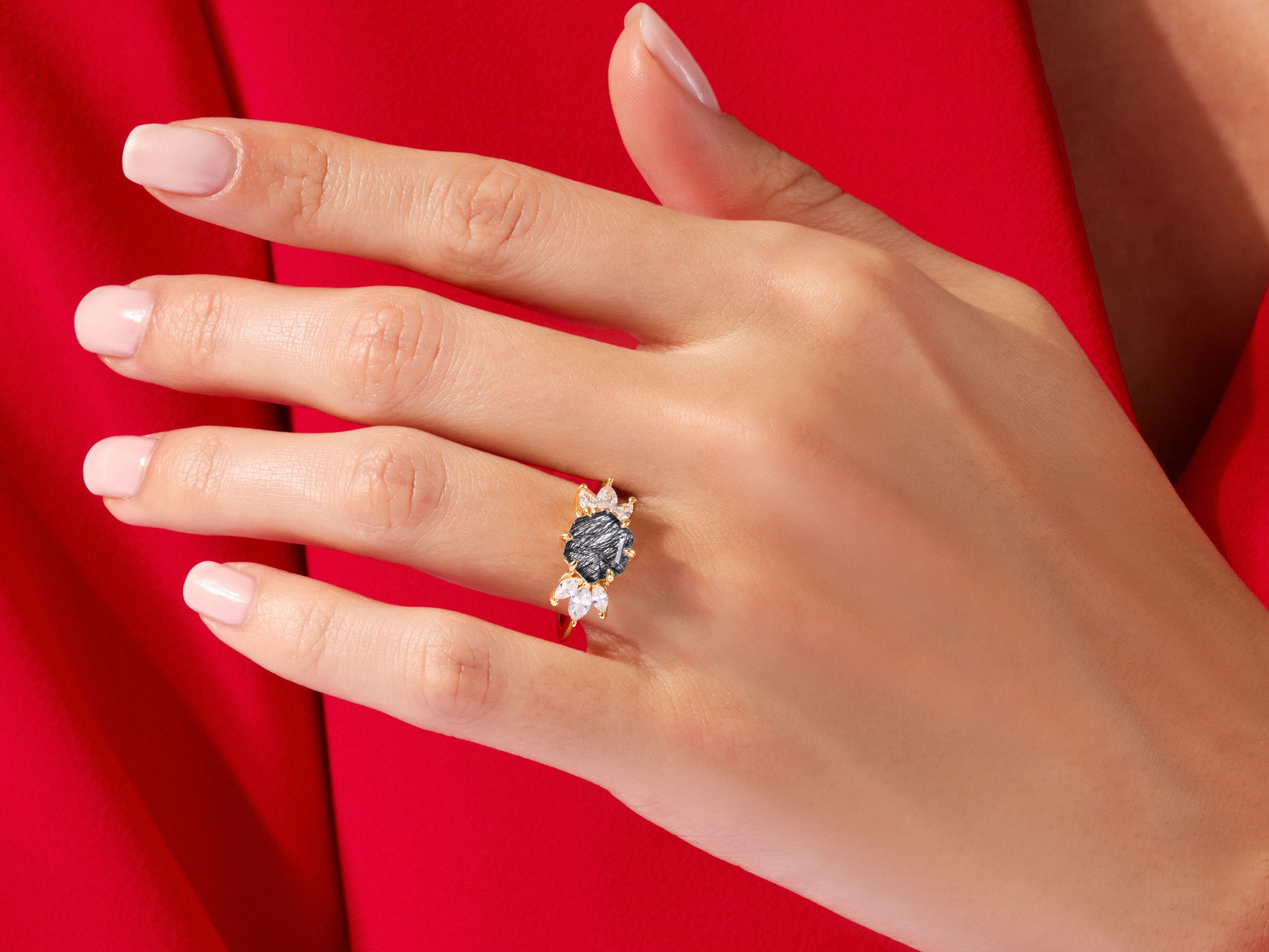 Hexagon Black Rutilated Quartz Engagement Ring with Moissanite Sidestones