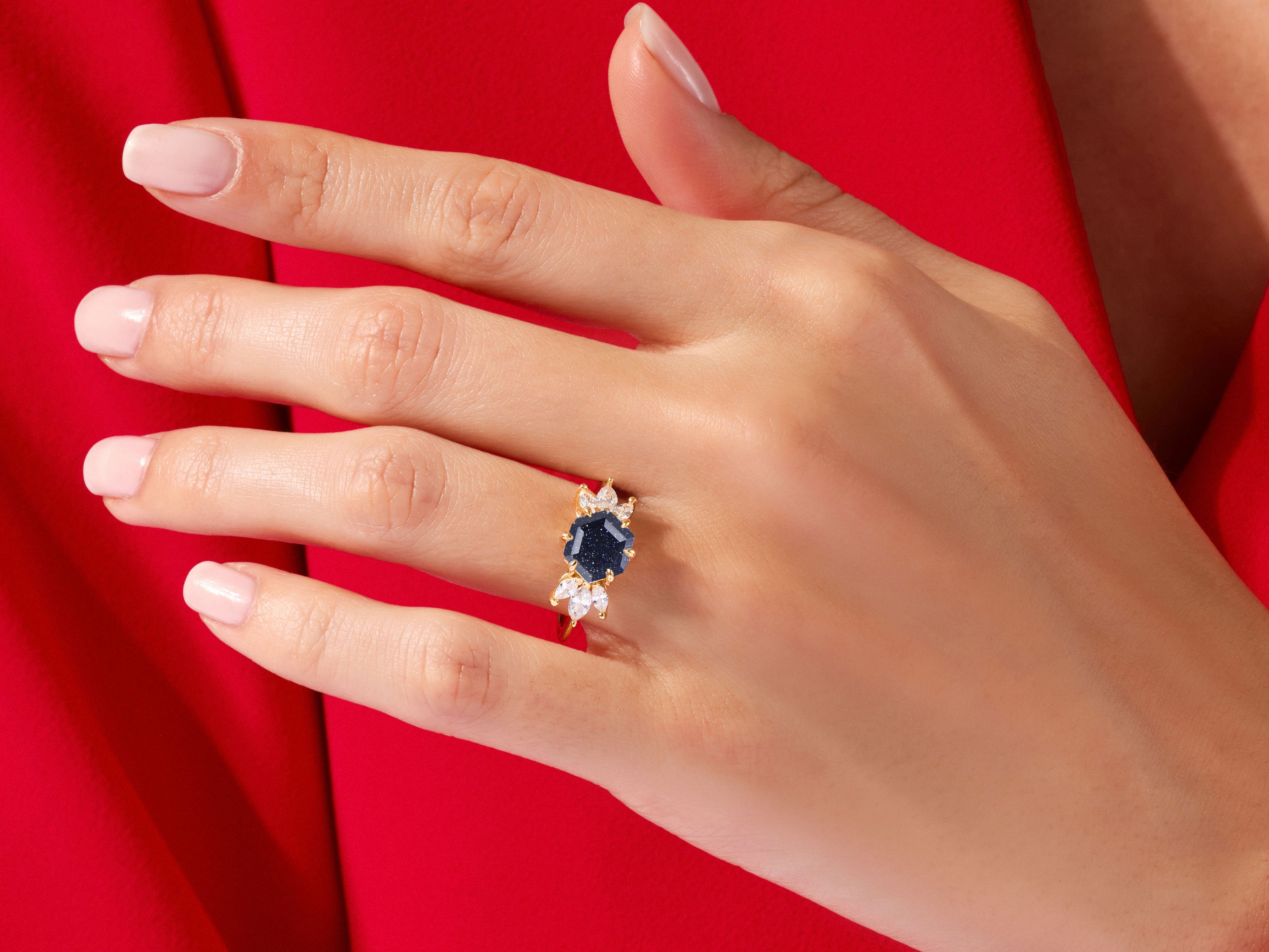 Hexagon Blue Sandstone Engagement Ring with Moissanite Sidestones