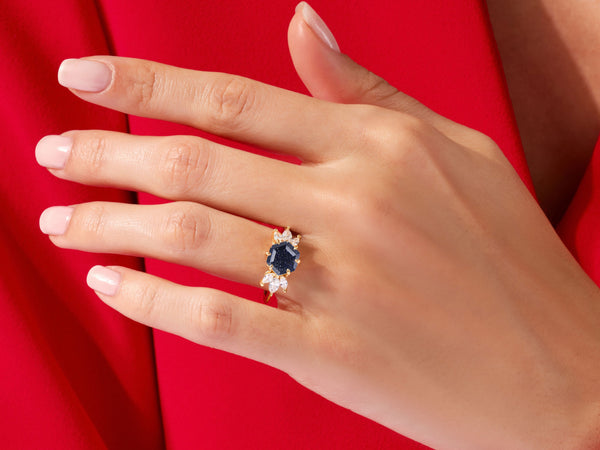 Hexagon Blue Sandstone Engagement Ring with Moissanite Sidestones