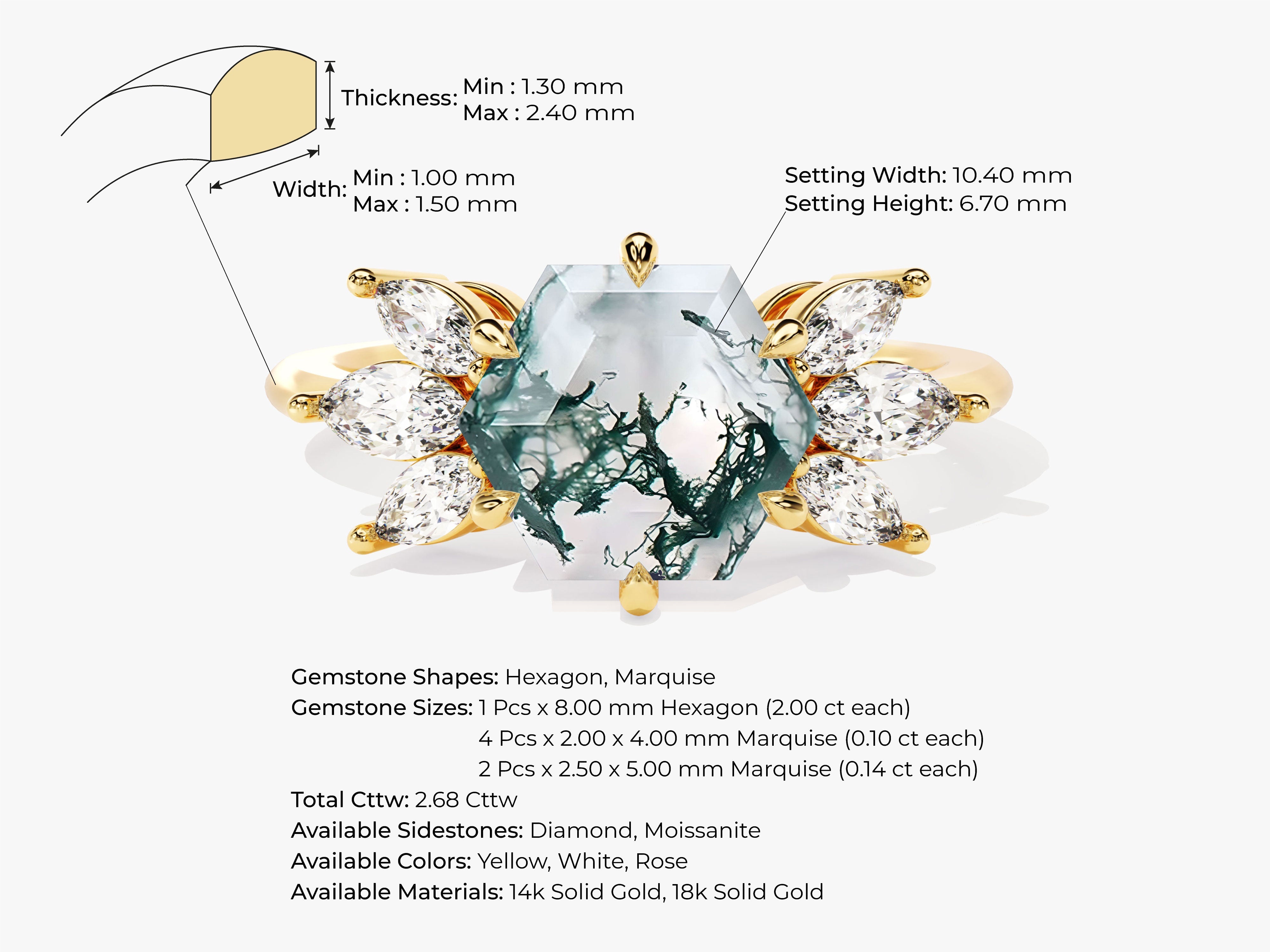 Hexagon Moss Agate Engagement Ring with Moissanite Sidestones