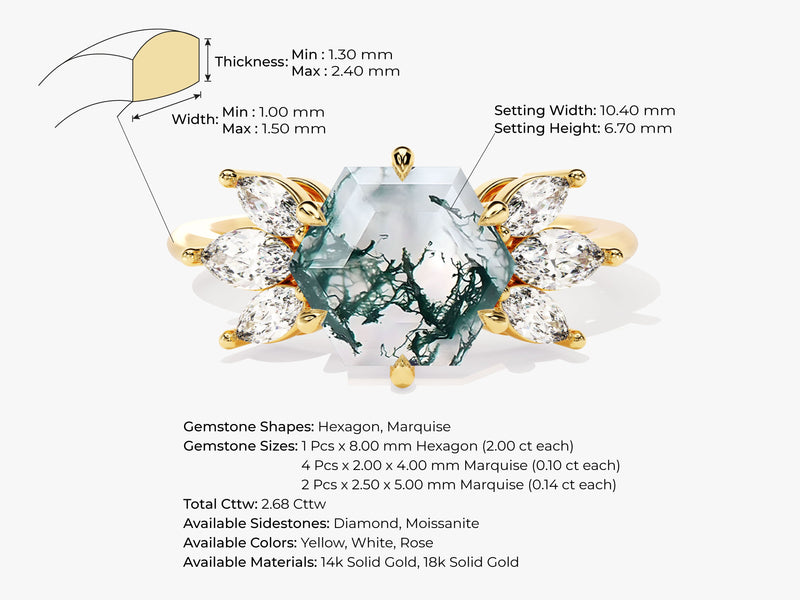 Hexagon Moss Agate Engagement Ring with Moissanite Sidestones