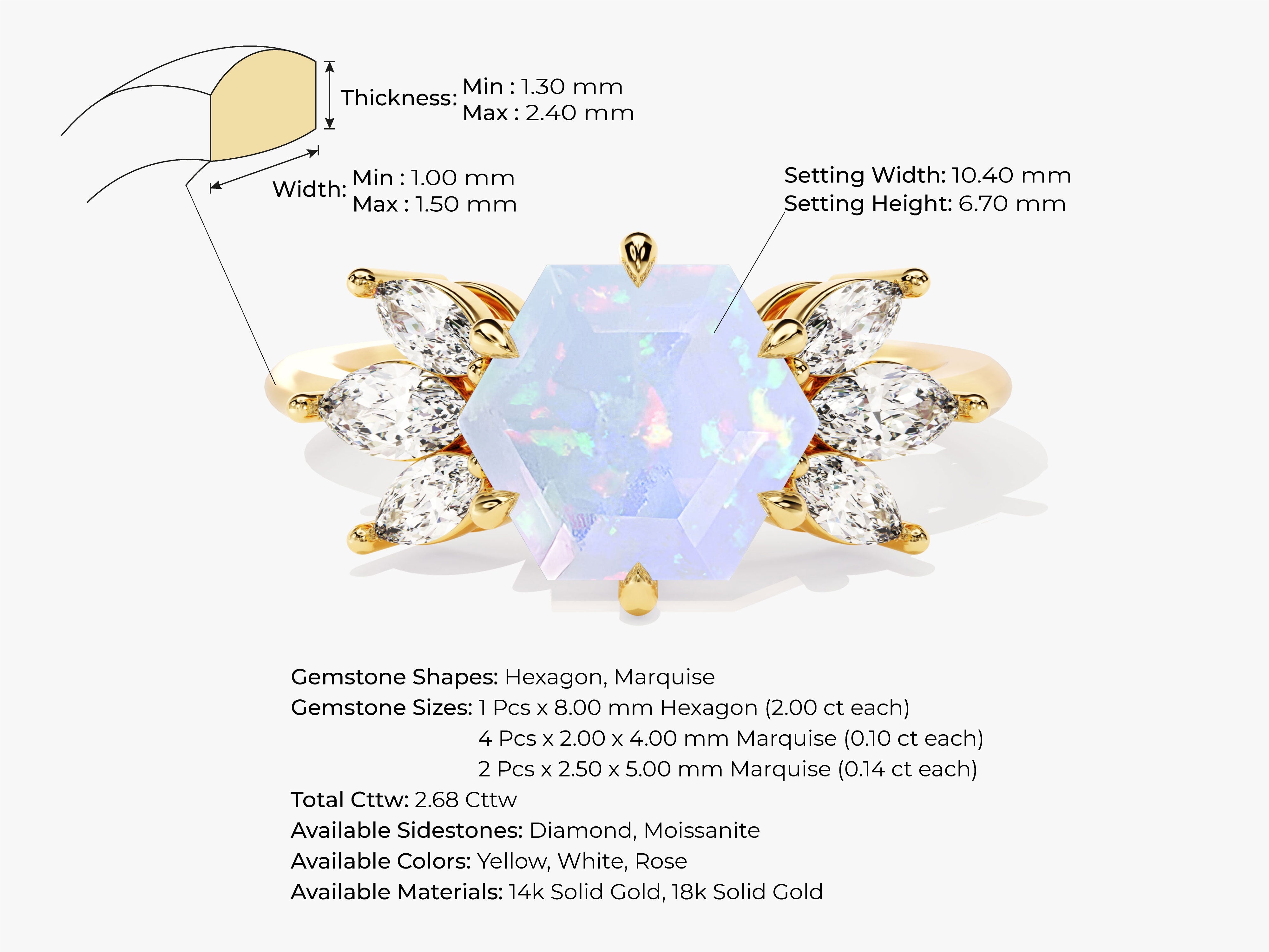 Hexagon Opal Engagement Ring with Moissanite Sidestones