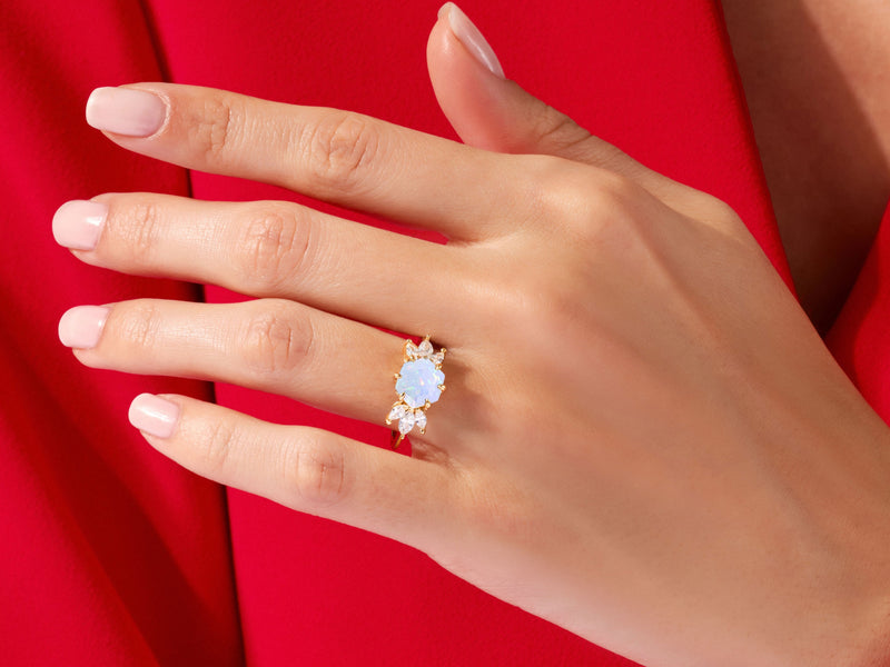 Hexagon Opal Engagement Ring with Moissanite Sidestones