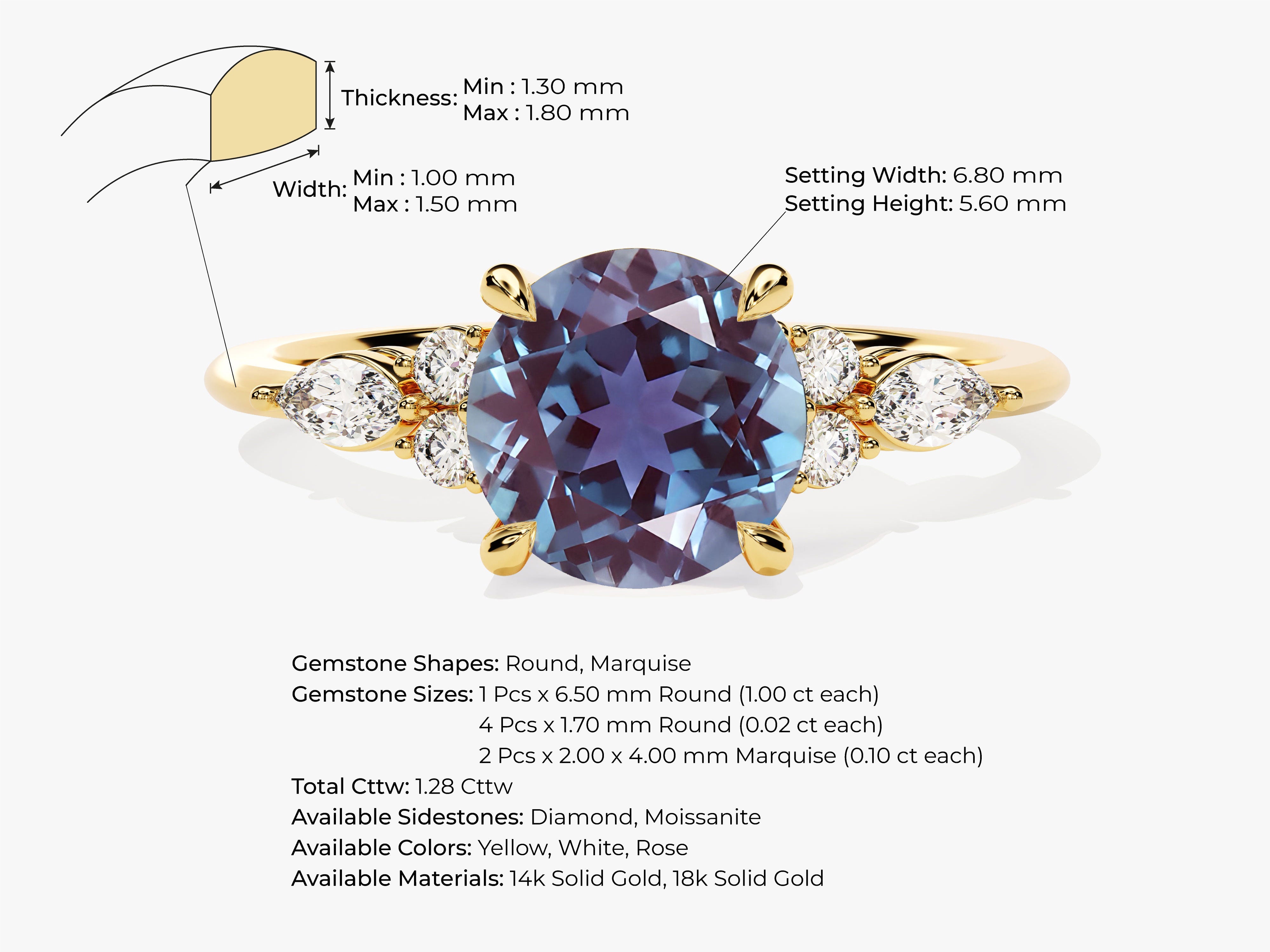 Round Lab Alexandrite Engagement Ring with Moissanite Sidestones