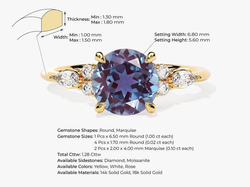 Round Lab Alexandrite Engagement Ring with Moissanite Sidestones