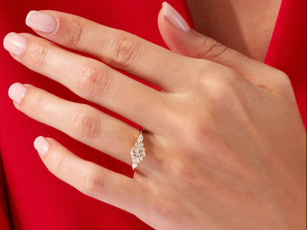 Round Cut Peach Morganite Engagement Ring with Marquise and Round Sidestones