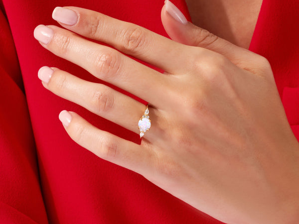 Round Opal Engagement Ring with Moissanite Sidestones