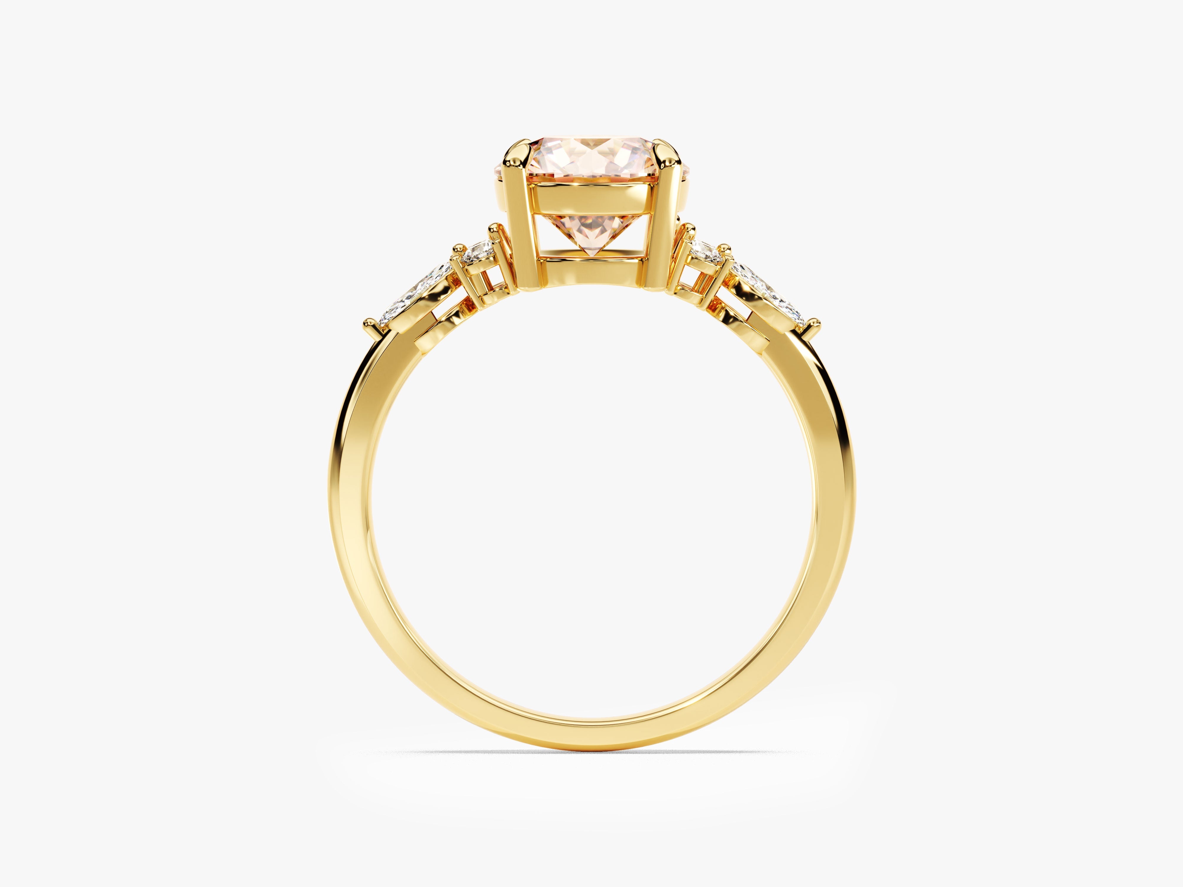 Round Cut Peach Morganite Engagement Ring with Marquise and Round Sidestones