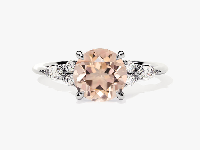 Round Cut Peach Morganite Engagement Ring with Marquise and Round Sidestones