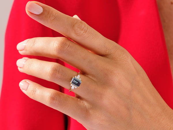 Emerald Cut Lab Alexandrite Engagement Ring with Moissanite Sidestones