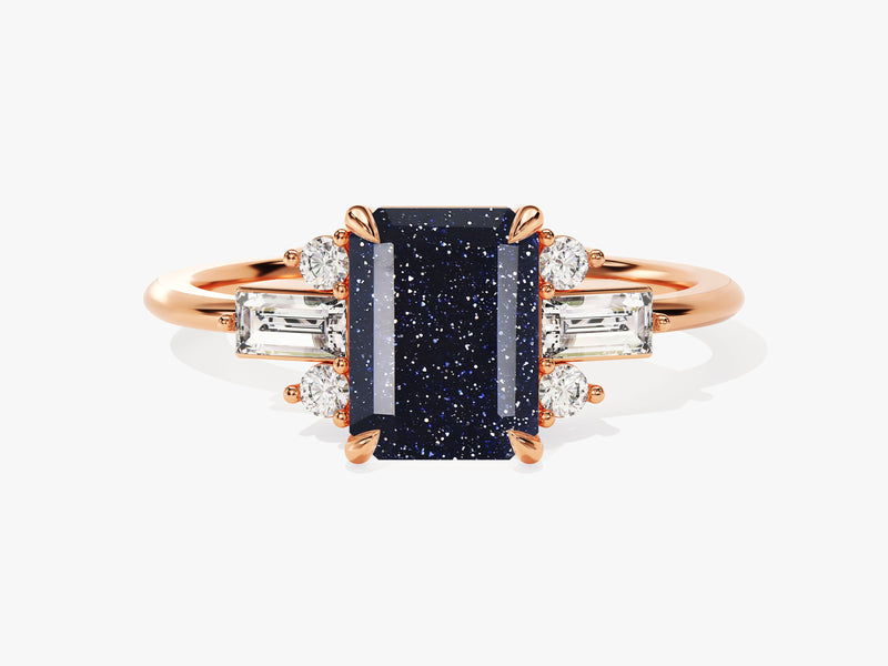 Emerald Cut Blue Sandstone Engagement Ring with Moissanite Sidestones