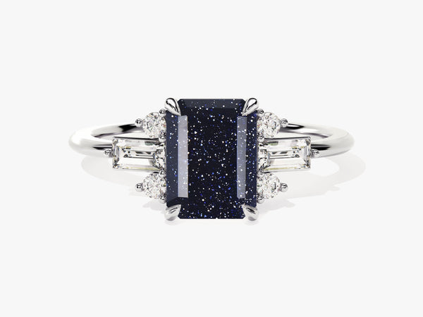 Emerald Cut Blue Sandstone Engagement Ring with Moissanite Sidestones