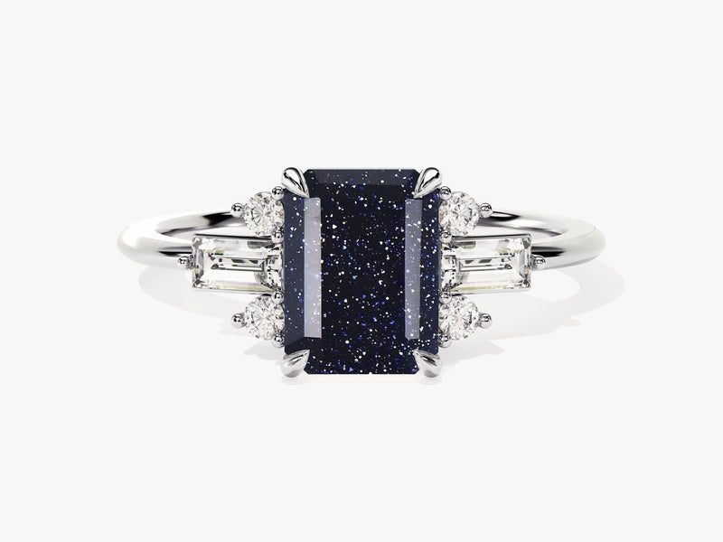 Emerald Cut Blue Sandstone Engagement Ring with Moissanite Sidestones
