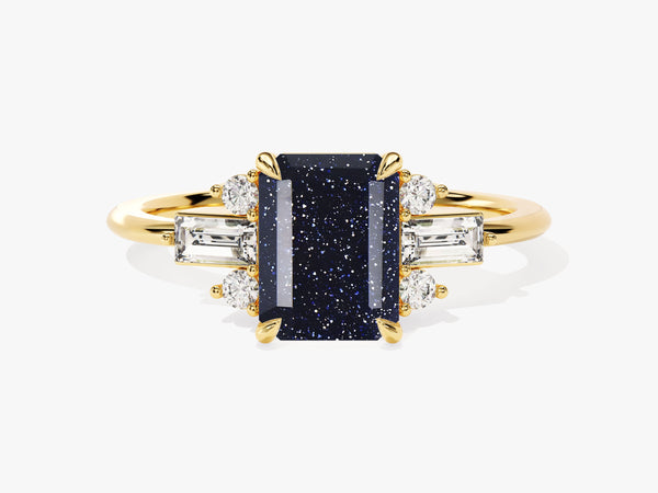 Emerald Cut Blue Sandstone Engagement Ring with Moissanite Sidestones