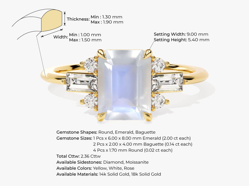 Emerald Cut Moonstone Engagement Ring with Moissanite Sidestones