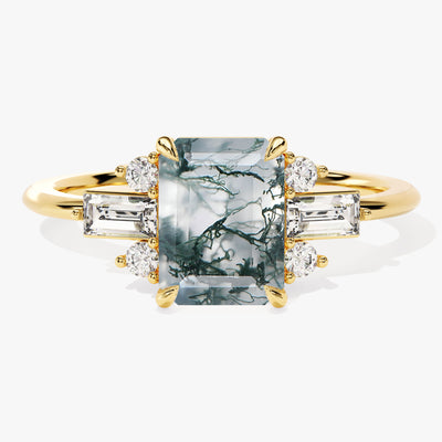 Emerald Cut Moss Agate Engagement Ring with Moissanite Sidestones