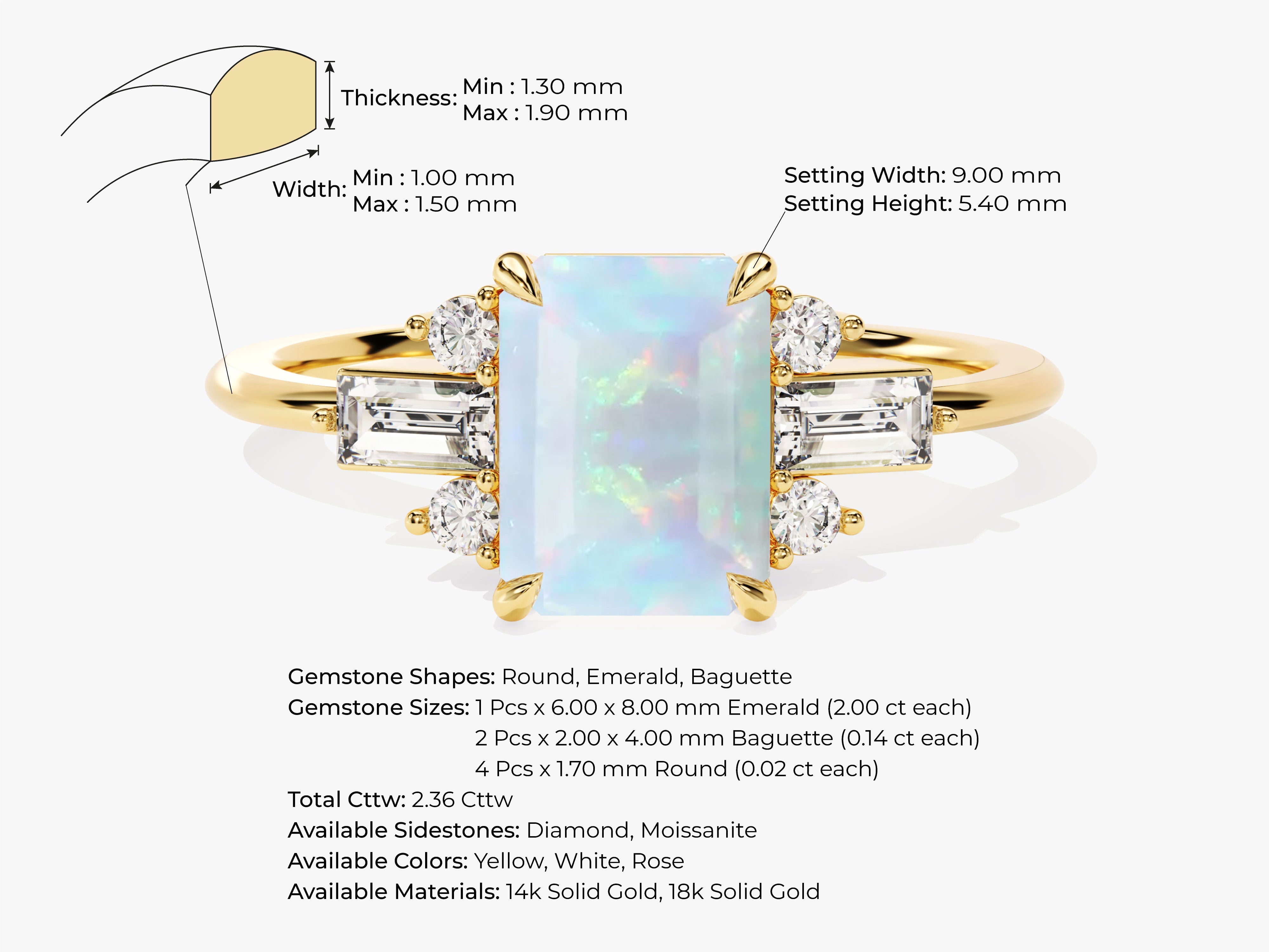 Emerald Cut Opal Engagement Ring with Moissanite Sidestones