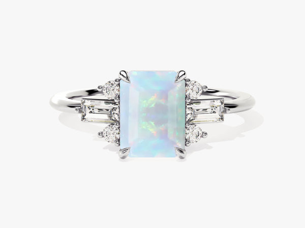 Emerald Cut Opal Engagement Ring with Moissanite Sidestones