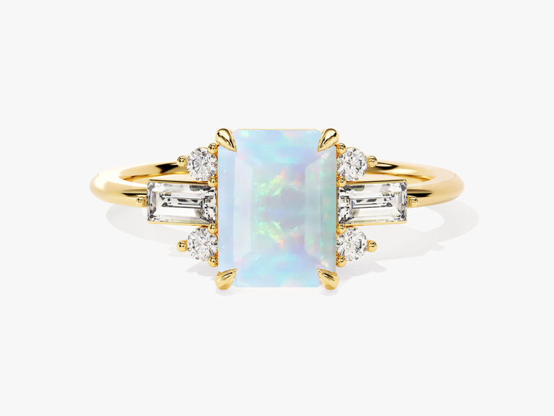 Emerald Cut Opal Engagement Ring with Moissanite Sidestones