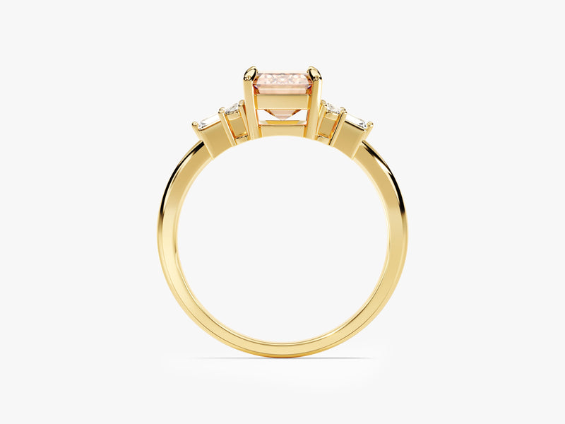 Emerald Cut Peach Morganite Engagement Ring with Baguette and Round Sidestones