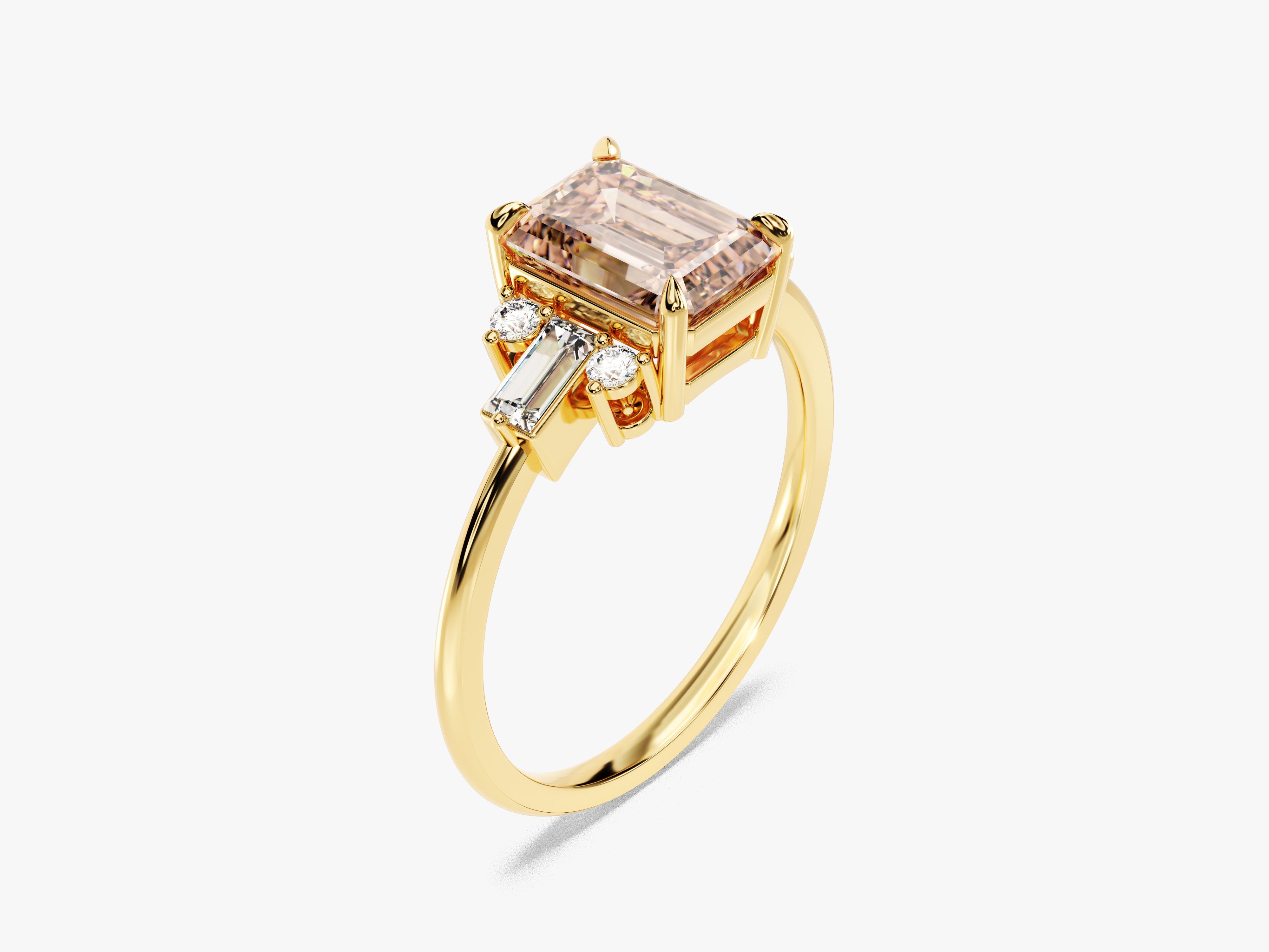Emerald Cut Peach Morganite Engagement Ring with Baguette and Round Sidestones