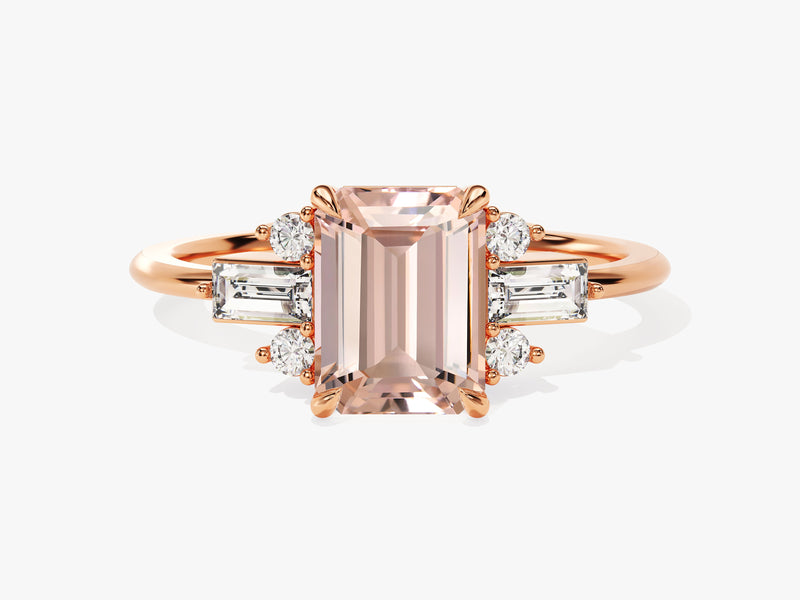 Emerald Cut Peach Morganite Engagement Ring with Baguette and Round Sidestones