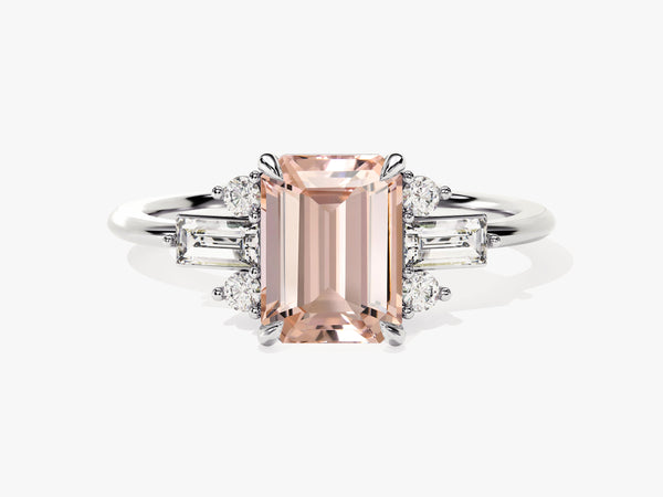 Emerald Cut Peach Morganite Engagement Ring with Baguette and Round Sidestones